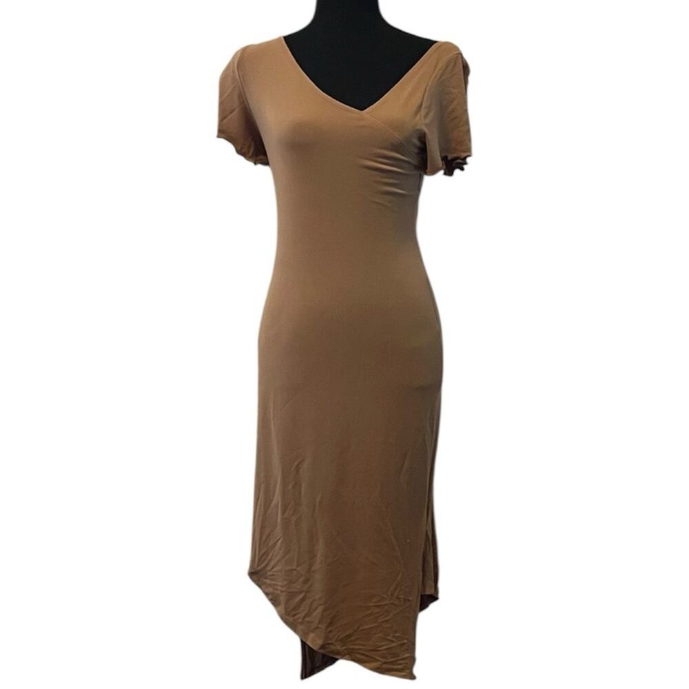 Arielle Tan bodycon V-Neck Dress asymmetrical hem Small